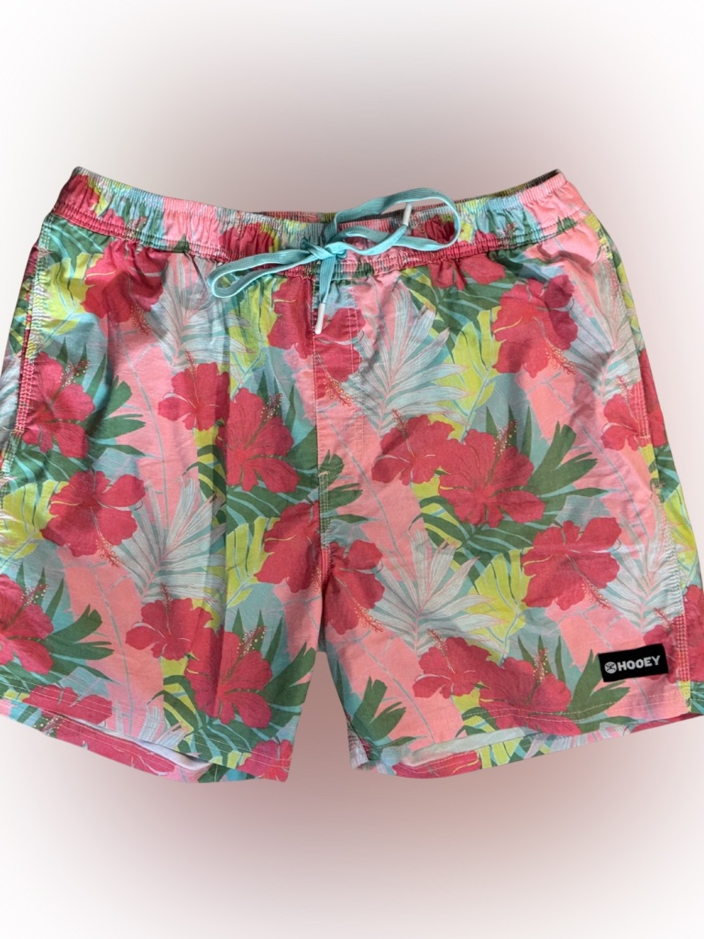 Hooey Pink Floral Athletic Drawstring Shorts with Teal Tie